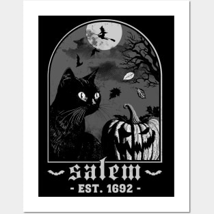 Salem 1692 - Black Cat Pumpkin - Retro Vintage Halloween Posters and Art